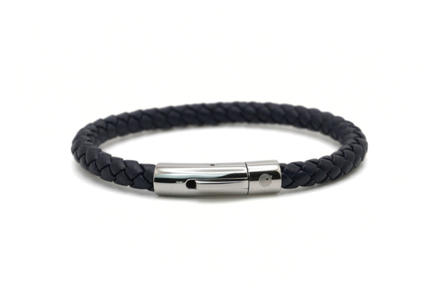 Blue braided bracelet with a silver stainless steel clasp